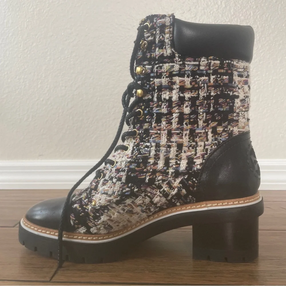 Tory Burch boots tweed booties black boots fall chunky boot lace up combat boot